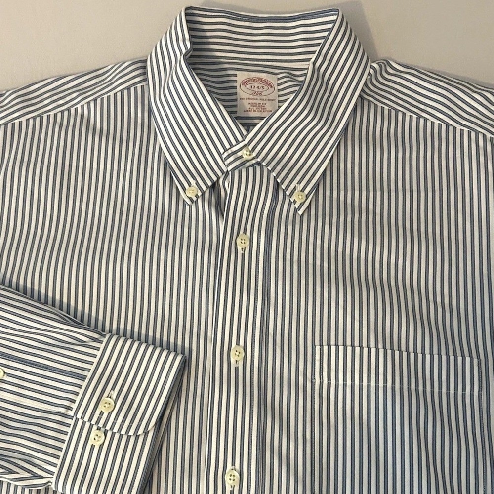 Brooks Brothers Button Down Shirt Mens XL 17 34/35 Blue White Striped Cotton